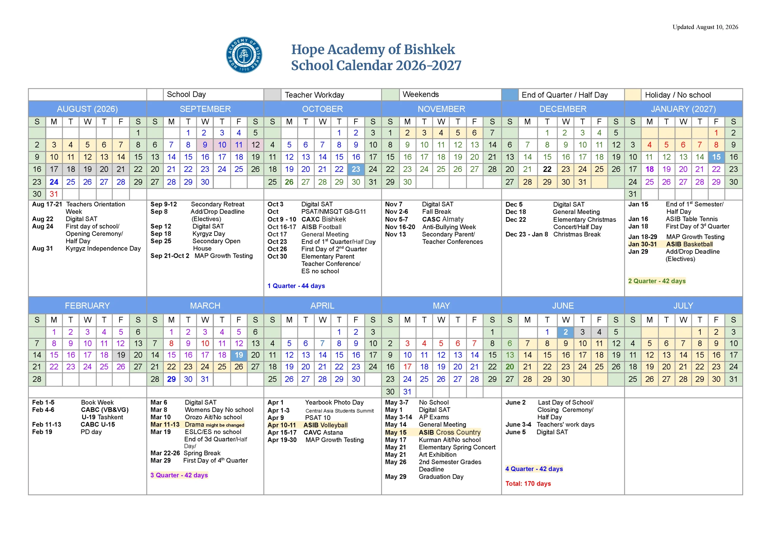 School Calendar 2026-2027